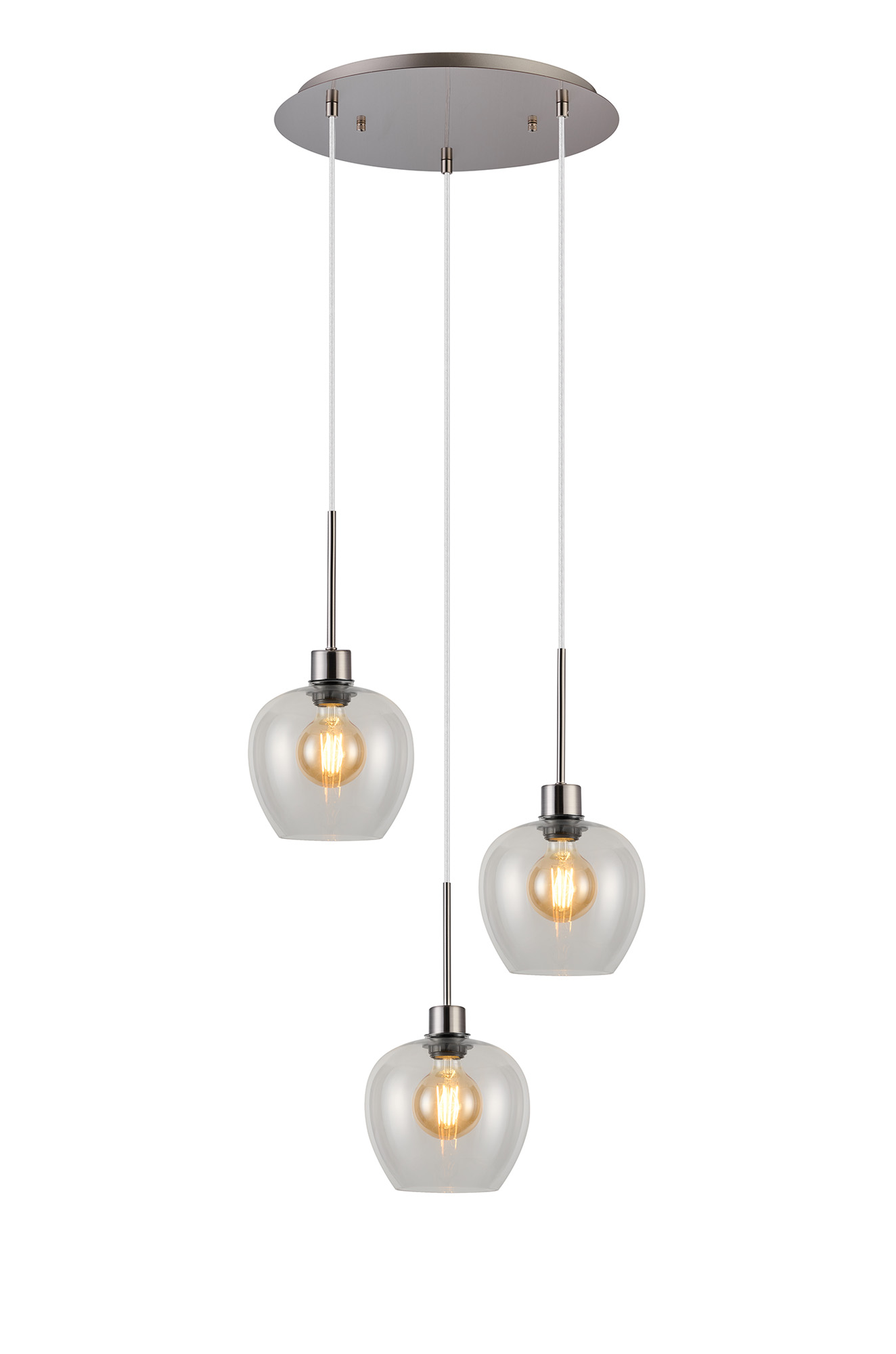 DK1370  Lori 40cm Round Pendant, 3 Light Adjustable E27, Satin Nickel/Clear Wine Shades